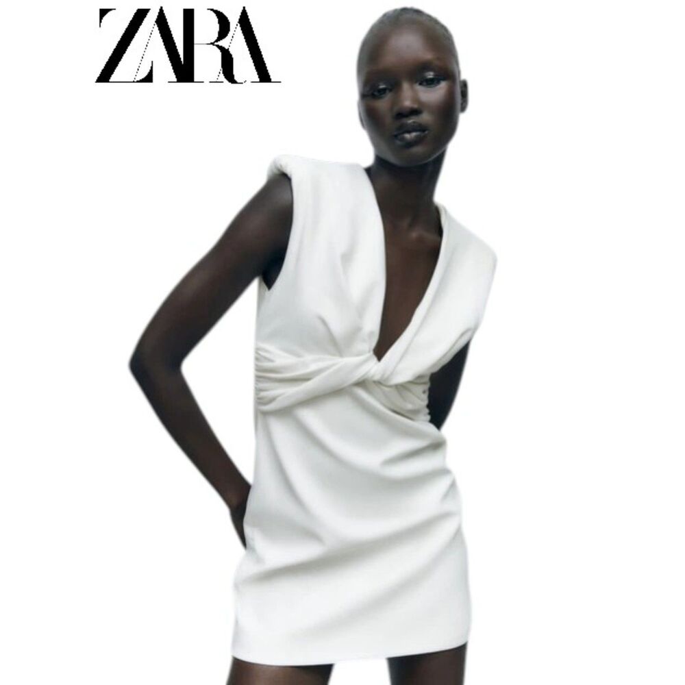 Zara Women XL Mini Ecru White Knot Draped Padded Shoulder V Neck Party Bridal